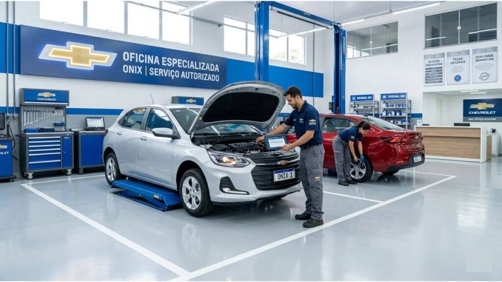 Vantagens da oficina especializada para Chevrolet Onix Oficina especializada Chevrolet com mecânicos fardados revisando um Onix prata com o capô aberto e um Onix Plus vermelho ao fundo.