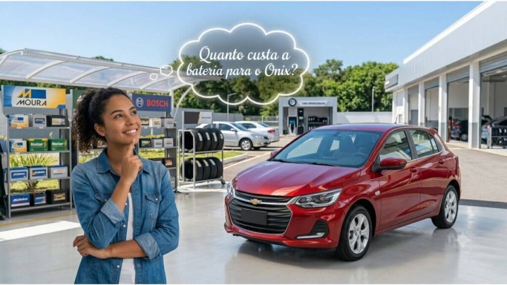 Jovem pensativa com balão de pensamento contendo a frase "Quanto custa a bateria para o Onix?", ao lado de um Chevrolet Onix vermelho estacionado em uma área externa de concessionária.