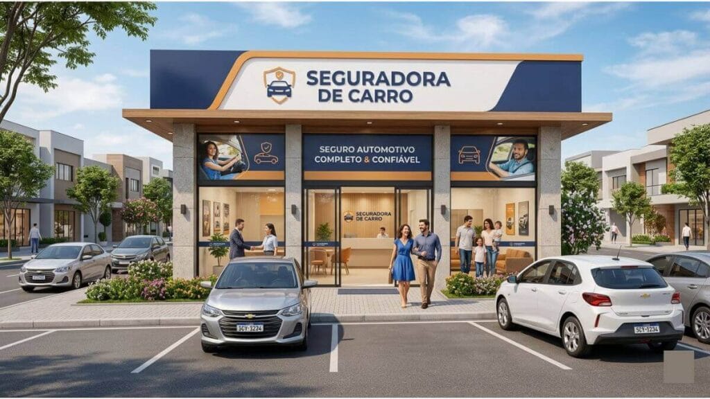 Fachada moderna de uma empresa com o letreiro Seguradora de Carro, mostrando clientes felizes e modelos de Chevrolet Onix estacionados na frente.