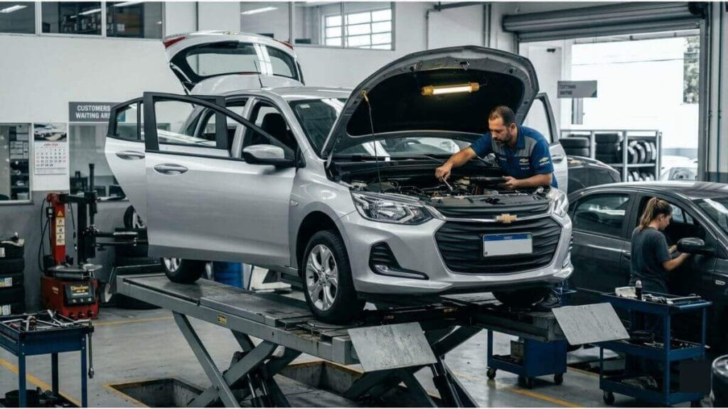 Chevrolet Onix em Revisão Geral na Oficina Chevrolet Onix prata elevado em um elevador pantográfico de oficina com capô, portas e porta-malas abertos enquanto o mecânico trabalha no motor.