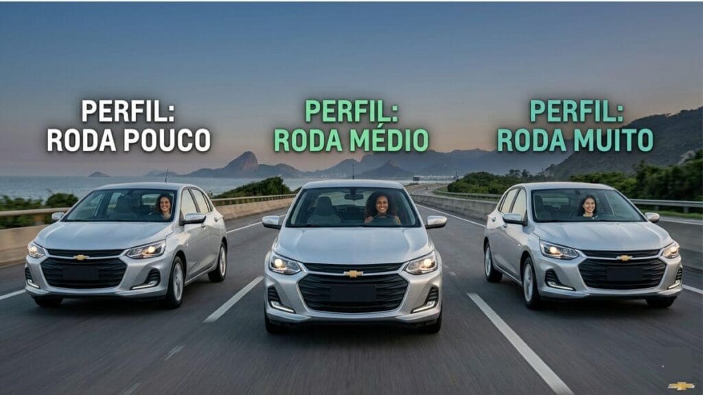 Três modelos de Chevrolet Onix alinhados em uma estrada com motoristas sorrindo, exibindo os textos Perfil Roda Pouco, Perfil Roda Médio e Perfil Roda Muito.