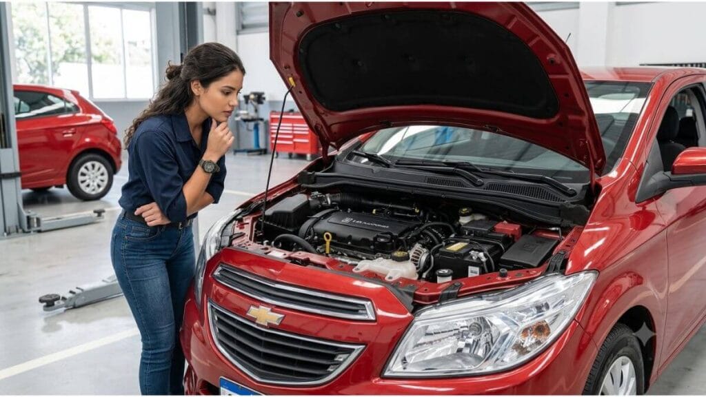 Mulher pensativa analisando o motor de um Chevrolet Onix vermelho 2015 com o capô aberto dentro de uma oficina mecânica.