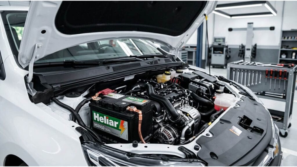 Bateria Heliar HS50GD instalada no cofre do motor de um Chevrolet Onix branco, destacando o rótulo com a tecnologia PowerFrame em uma oficina.