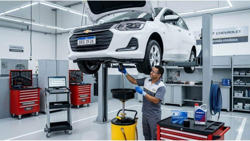 Troca de Óleo do Motor do Chevrolet Onix Mecânico de luvas azuis esgotando o óleo do motor de um Chevrolet Onix branco que está erguido no elevador automotivo de uma oficina limpa.