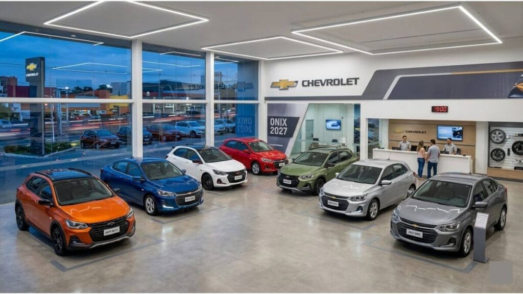 Modelos Chevrolet Onix 2027 na Concessionária Showroom moderno de uma concessionária Chevrolet com vários modelos do novo Onix 2027 em diferentes cores expostos lado a lado.