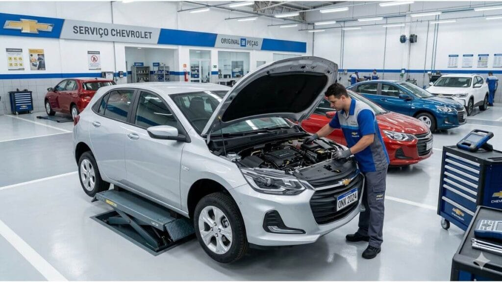 Revisão do Chevrolet Onix na concessionária autorizada Mecânico de uniforme realizando a revisão de um Chevrolet Onix prata com o capô aberto dentro de uma concessionária autorizada limpa e organizada.