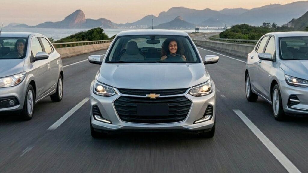 Diferentes gerações do Chevrolet Onix alinhadas lado a lado em uma estrada com motoristas sorrindo.