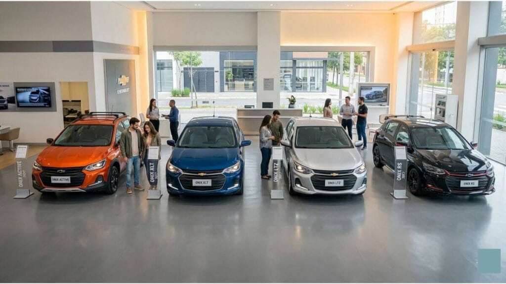 Versões do Chevrolet Onix 2027 Quatro modelos do Chevrolet Onix 2027 (Active laranja, XLT azul, LTZ prata e RS preto) alinhados lado a lado dentro de uma concessionária moderna e iluminada, com clientes admirando os carros.