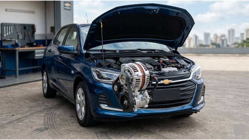 Motor de um Chevrolet Onix com capô aberto ilustrando a durabilidade e manutenção preventiva do alternador.