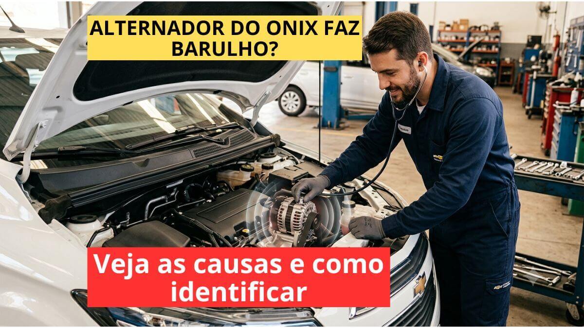 Mecânico ouvindo com um estetoscópio o alternador do motor de um Chevrolet Onix branco com o capô aberto em uma oficina mecânica.
