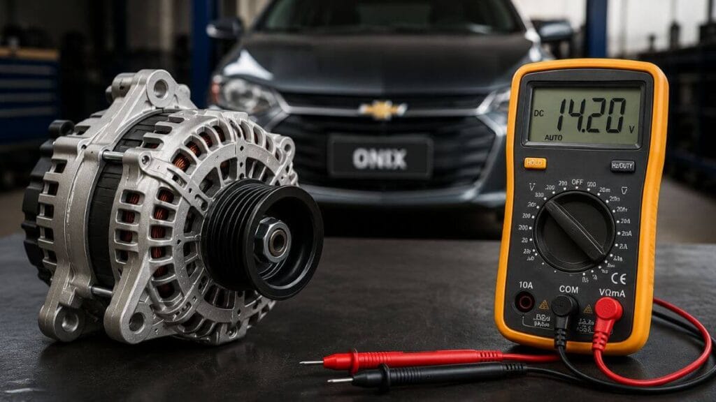 Alternador do Onix e multímetro para teste do sistema de carregamento Alternador do Chevrolet Onix e multímetro digital usados para testar o sistema de carregamento da bateria.