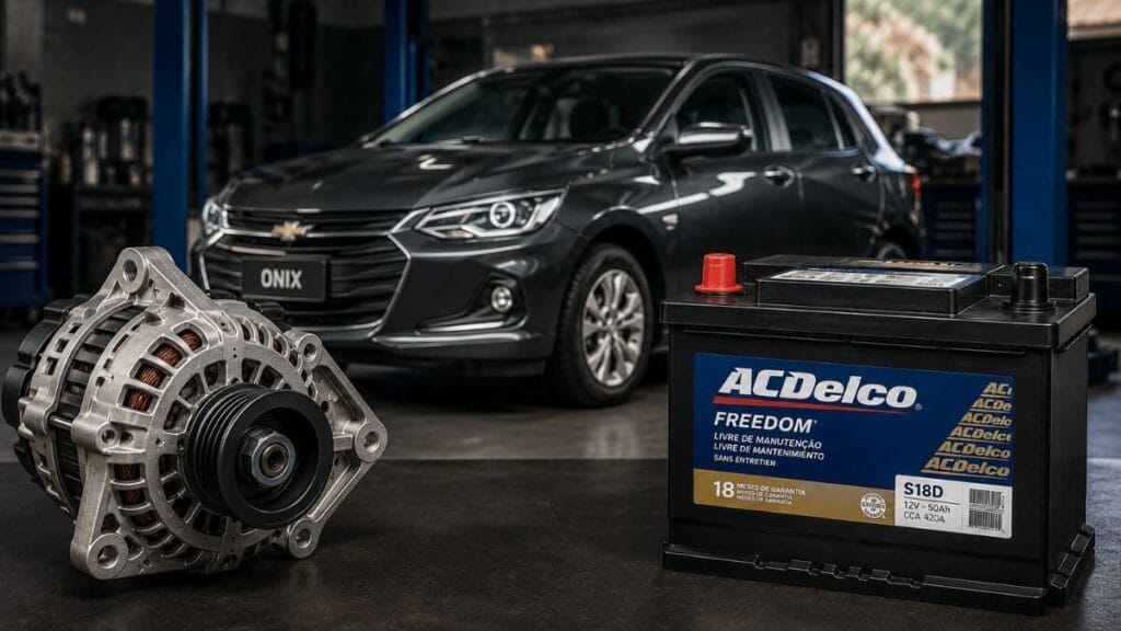 Por que o alternador do Onix pode parar de carregar a bateria? Alternador e bateria de um Chevrolet Onix, representando possíveis problemas no sistema de carregamento da bateria.