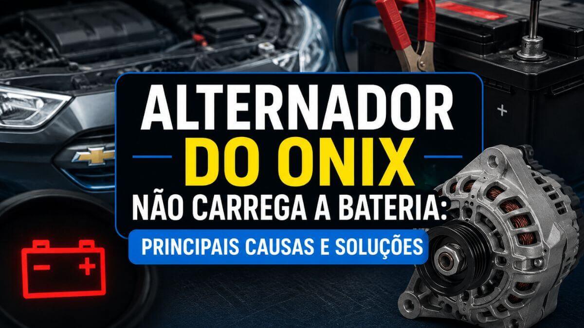 Alternador do Chevrolet Onix não carregando a bateria, com alternador, bateria e motor do carro em destaque.