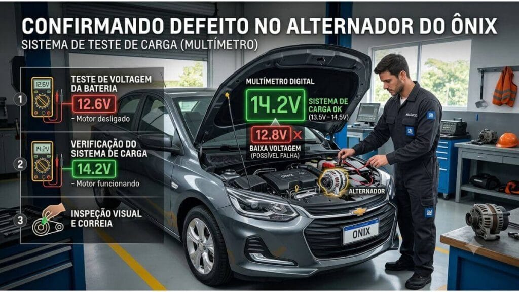 Mecânico realizando teste de voltagem no alternador de um Chevrolet Onix com multímetro em uma oficina mecânica.