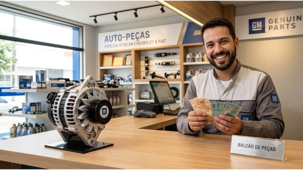 Homem sorrindo e contando cédulas de dinheiro atrás do balcão de uma loja de autopeças, exibindo um alternador novo de Chevrolet Onix em destaque na mesa.