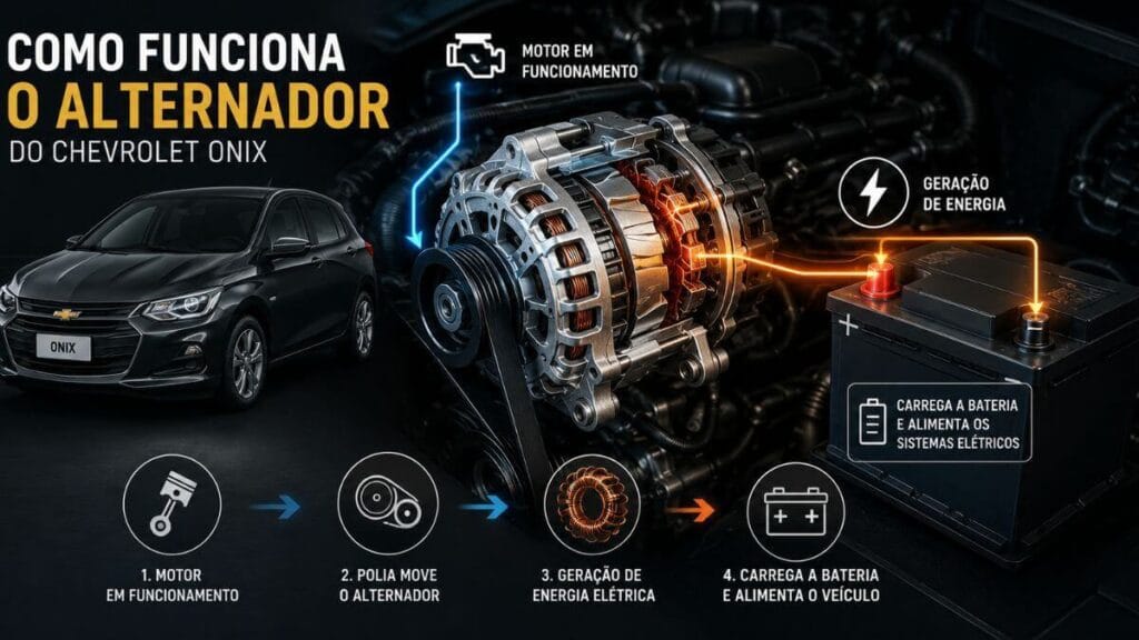 Como funciona o alternador do Chevrolet Onix Como funciona o alternador do Chevrolet Onix, mostrando a geração de energia elétrica e o carregamento da bateria.