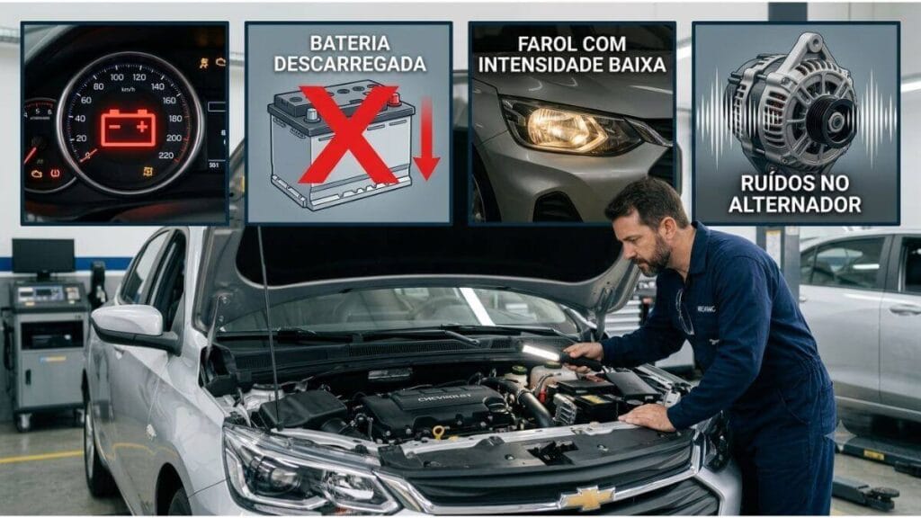Mecânico verificando o alternador de um Chevrolet Onix com destaque para os principais sinais de defeito, como bateria descarregada, faróis fracos e ruídos no alternador.
