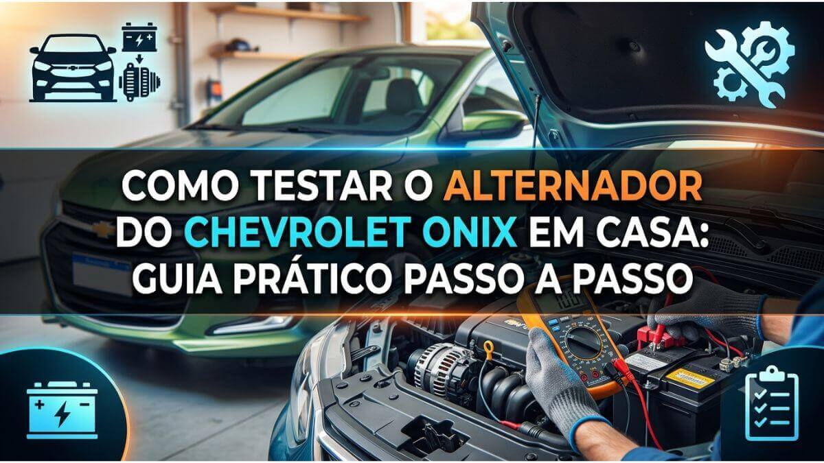 Mão com luva segurando um multímetro para testar a bateria e o alternador de um Chevrolet Onix com o capô aberto em uma garagem.