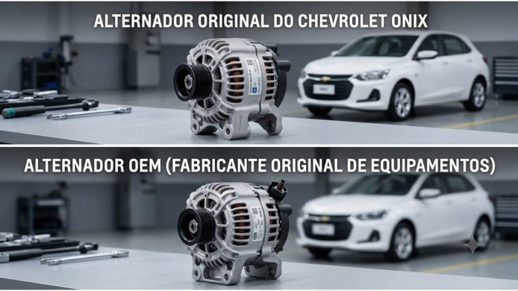Infográfico dividido horizontalmente comparando dois alternadores automotivos em uma oficina. Na metade superior, um alternador original do Chevrolet Onix; na metade inferior, um alternador OEM. Um Chevrolet Onix branco aparece desfocado ao fundo de cada painel.
