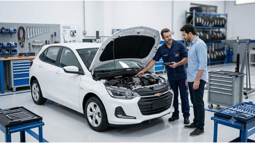 Diagnóstico de barulho no alternador do Chevrolet Onix Mecânico e proprietário conversando sobre o diagnóstico do alternador ao lado de um Chevrolet Onix branco com o capô aberto em uma oficina limpa.