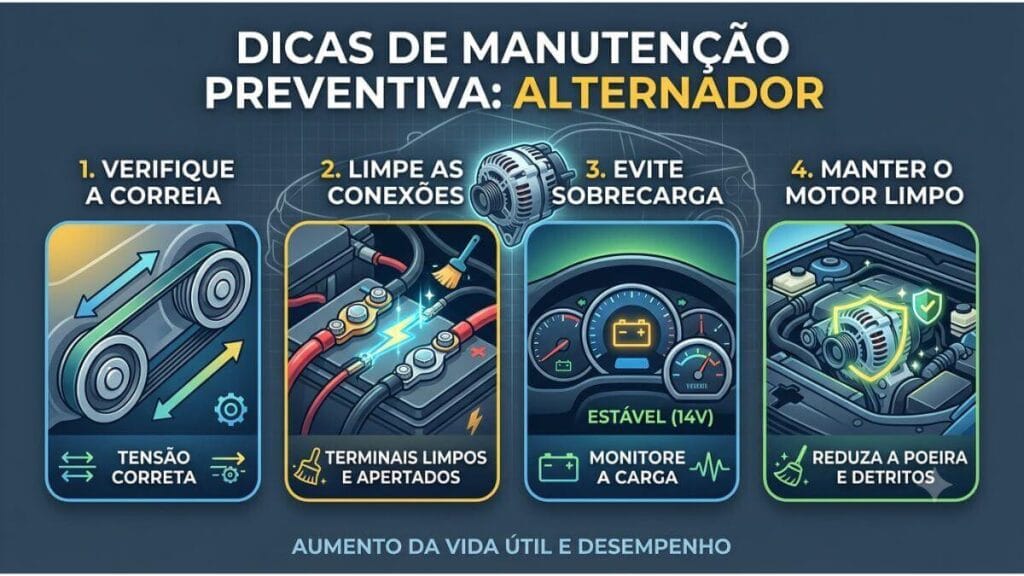 Dicas de Manutenção Preventiva do Alternador Infográfico profissional com quatro painéis ilustrativos mostrando dicas de manutenção preventiva para o alternador, incluindo verificação da correia, limpeza de conexões e terminais da bateria, monitoramento de carga e limpeza do motor.