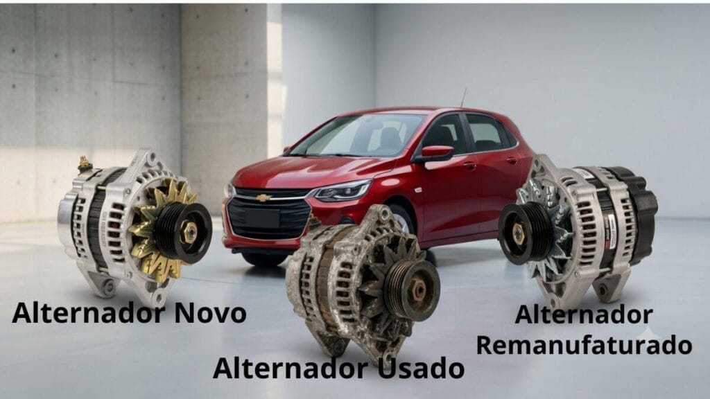 Infográfico mostrando um alternador novo e um alternador remanufaturado lado a lado com caixas de texto explicativas e um Chevrolet Onix vermelho ao fundo.
