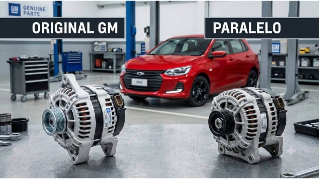 Comparativo visual entre um alternador original GM e um alternador paralelo lado a lado em uma oficina com um Chevrolet Onix vermelho ao fundo.