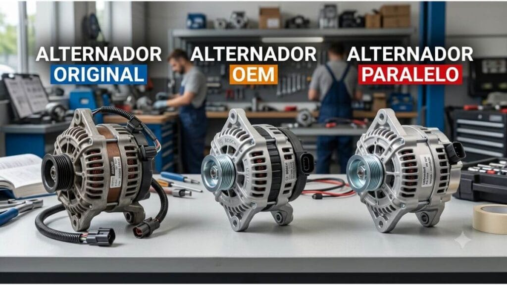 Três tipos de alternadores automotivos alinhados em uma bancada de oficina mecânica: alternador original, alternador OEM e alternador paralelo, com identificações em texto acima de cada peça.
