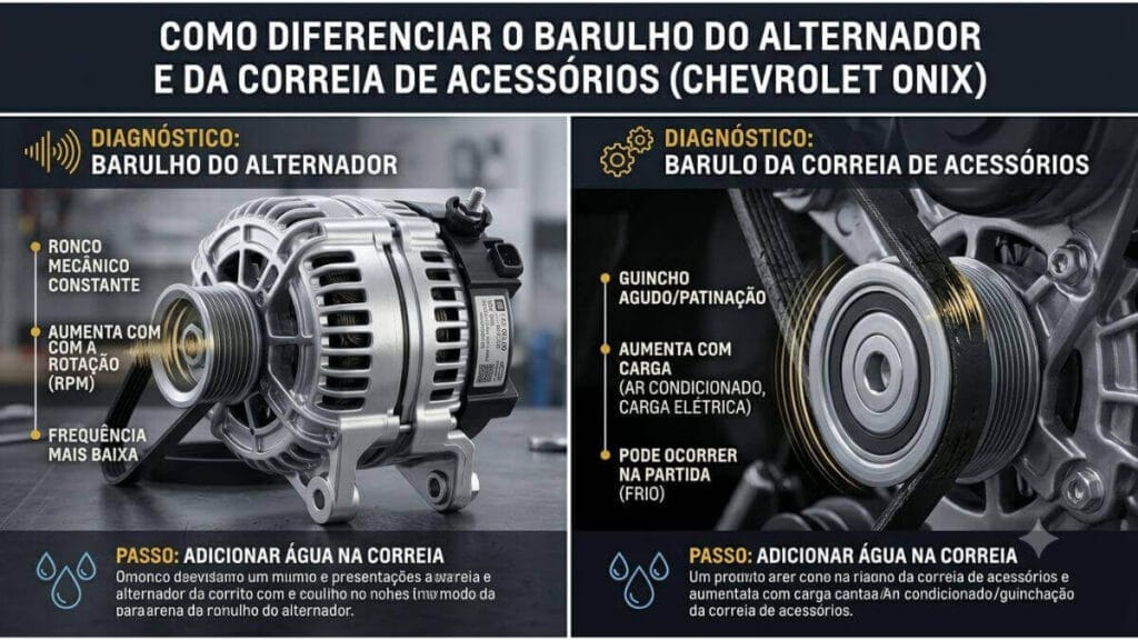 Como diferenciar barulho do alternador e da correia de acessórios do Onix Infográfico comparativo explicando como diferenciar o barulho do alternador do ruído da correia de acessórios no Chevrolet Onix.