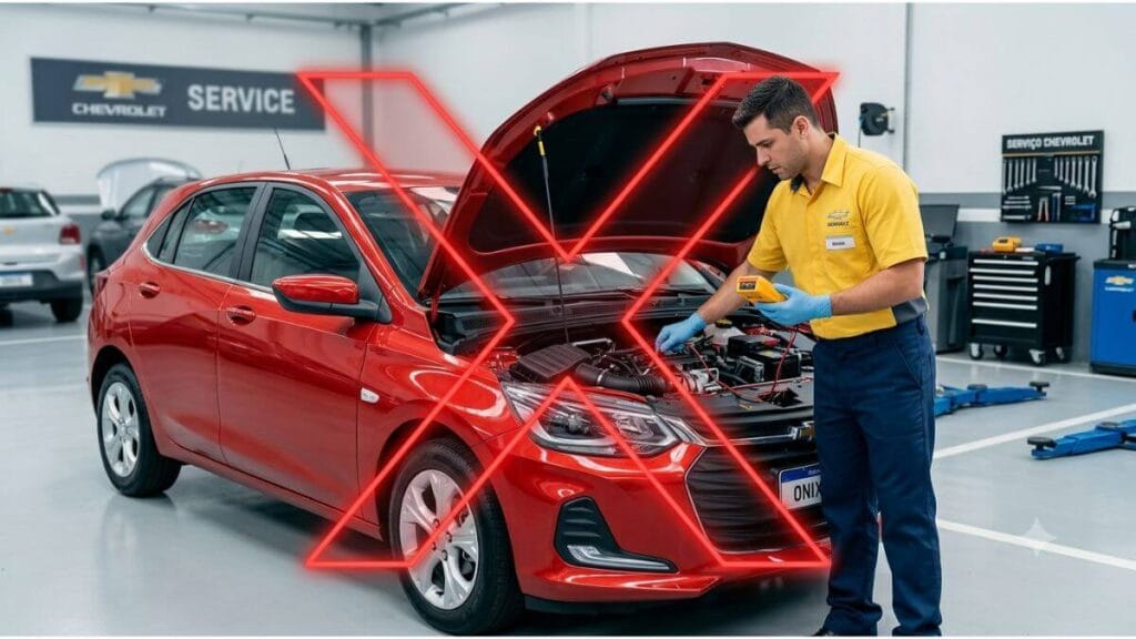 Erros Mais Comuns ao Testar Alternador do Onix Mecânico com uniforme amarelo testando de forma incorreta o motor de um Chevrolet Onix vermelho com o capô aberto em uma oficina, com um grande sinal de X vermelho sobreposto à imagem indicando erro.
