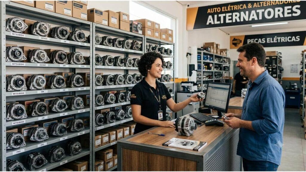 Uma vendedora sorridente em uma autoelétrica mostrando um alternador a um cliente, com prateleiras cheias de alternadores ao fundo, para o Chevrolet Onix.