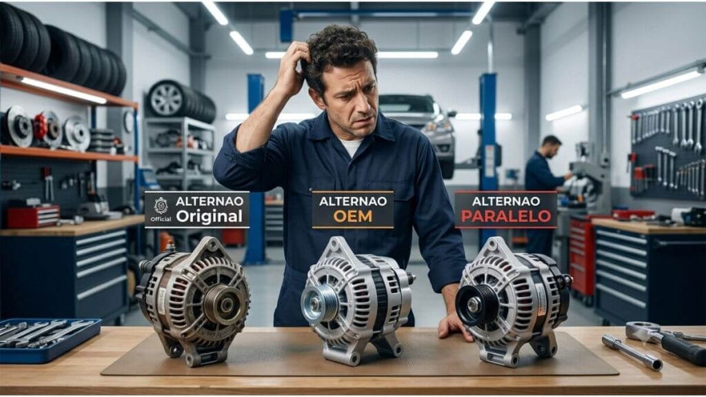 Um homem com expressão de dúvida coça a cabeça diante de três alternadores (Original, OEM e Paralelo) dispostos em uma bancada de oficina mecânica moderna.