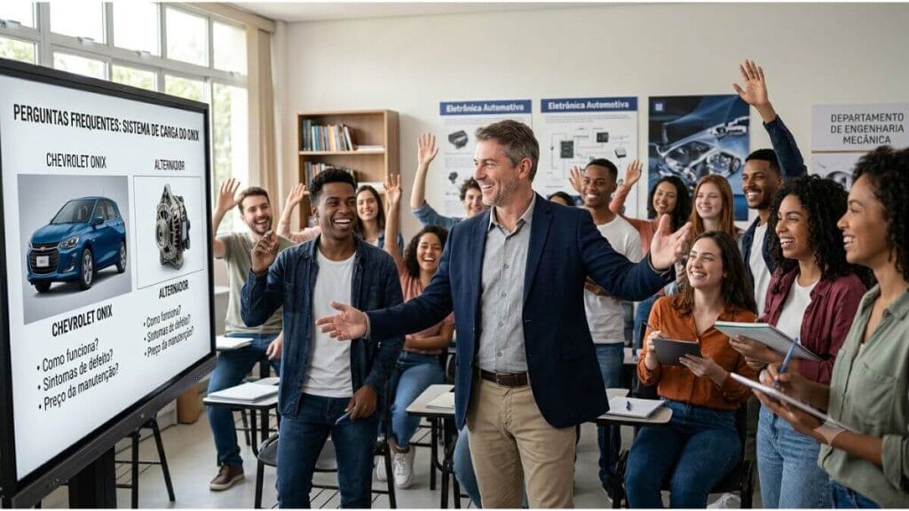 FAQ sobre alternador do Chevrolet Onix explicado em sala de aula Professor e alunos felizes em uma sala de aula de engenharia, interagindo diante de uma tela interativa que exibe imagens de um Chevrolet Onix e de um alternador automotivo para responder perguntas frequentes.