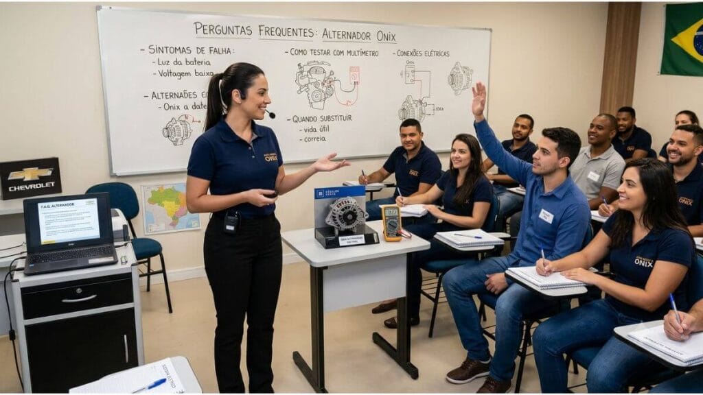 Uma instrutora em uma sala de aula de mecânica automotiva explicando o funcionamento do alternador do Chevrolet Onix para alunos, com um quadro branco detalhado e peças sobre a mesa.