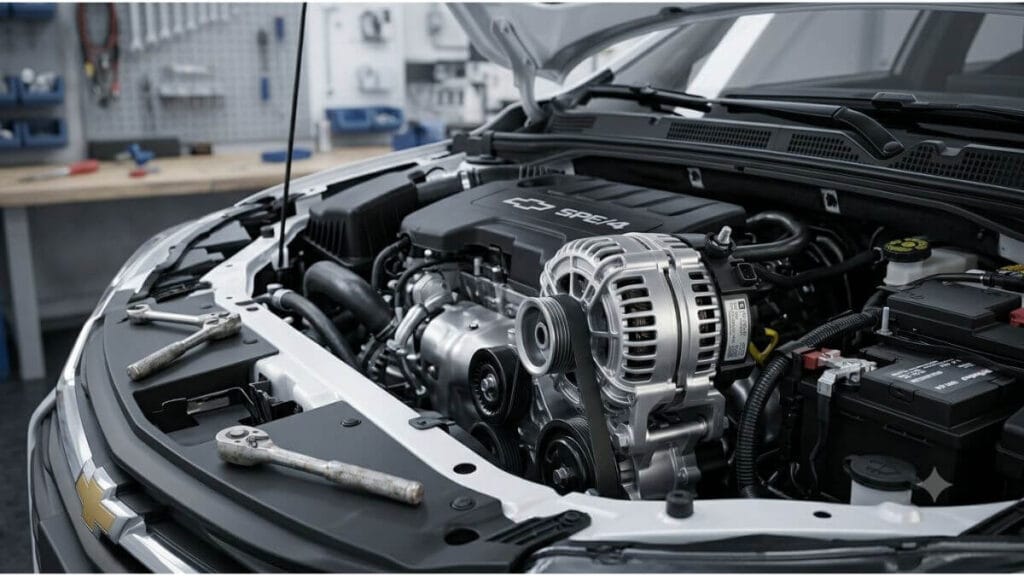 O que a mudança de ruído no alternador do Onix indica Cofre do motor de um Chevrolet Onix branco aberto com foco no alternador para verificação de ruídos mecânicos.