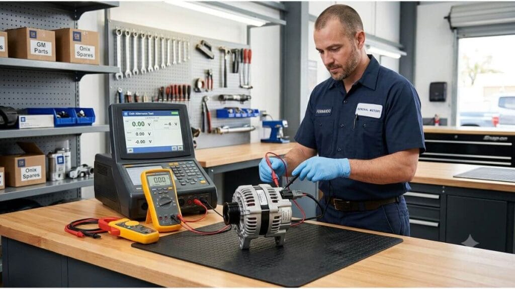 Passo a Passo Como Testar Alternador do Onix Mecânico profissional com luvas azuis testando um alternador de Chevrolet Onix sobre uma bancada organizada utilizando multímetro e equipamentos de diagnóstico.