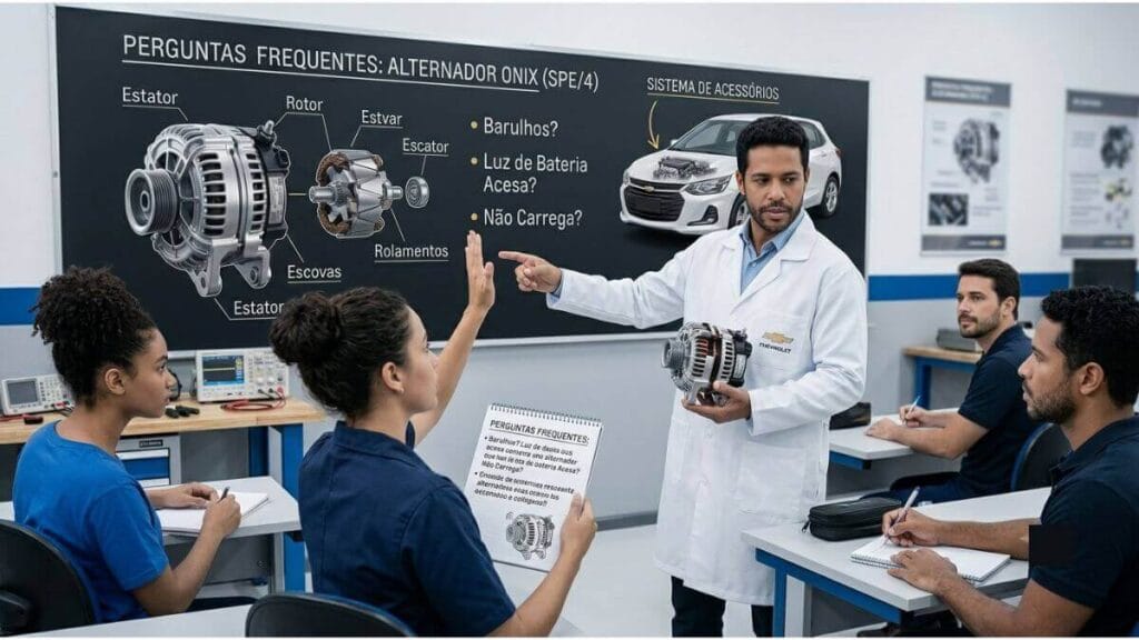Perguntas frequentes sobre barulho no alternador do Chevrolet Professor em sala de aula tirando dúvidas de alunos sobre perguntas frequentes do alternador do Chevrolet Onix.