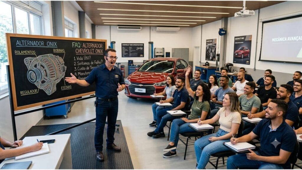 Perguntas Frequentes Sobre Alternador do Onix Professor de mecânica automotiva explicando o funcionamento do alternador do Chevrolet Onix em uma sala de aula de oficina com alunos atentos, quadro negro com desenho técnico do componente e um Onix vermelho ao fundo.