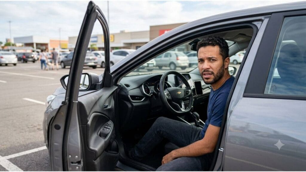 Homem sentado no banco do motorista de um Chevrolet Onix cinza com a porta aberta em um estacionamento, olhando para a câmera com expressão de dúvida e preocupação.