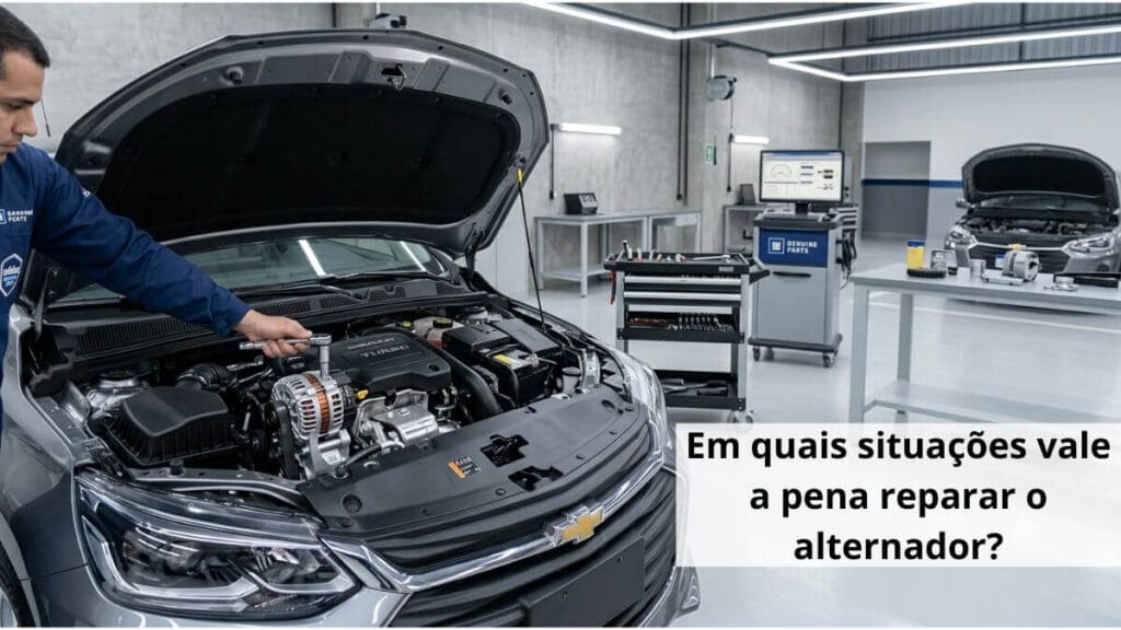 Mecânico utilizando uma ferramenta no alternador de um Chevrolet Onix cinza com o capô aberto, em uma oficina mecânica profissional, limpa e organizada.