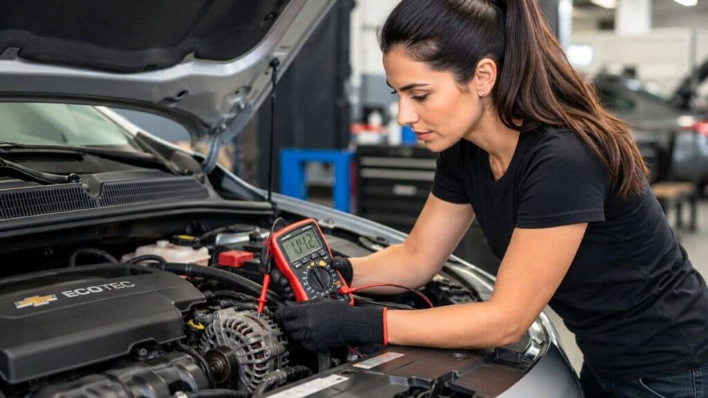 Quando vale a pena testar o alternador do Chevrolet Onix Mulher testando o alternador de um Chevrolet Onix com um multímetro para verificar o sistema de carga da bateria.