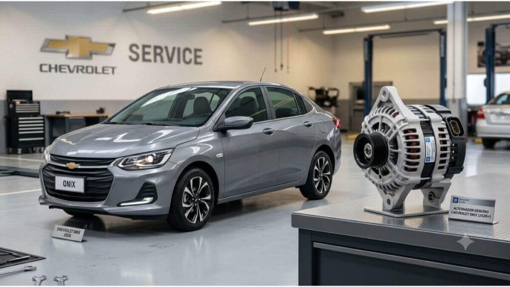 Um Chevrolet Onix Premier 2026 cinza posicionado ao lado de um novo alternador genuíno da Chevrolet em uma bancada de oficina limpa e bem iluminada no Brasil.