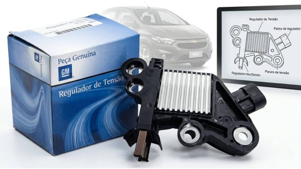 Regulador de tensão do Chevrolet Onix com defeito Regulador de tensão do alternador do Chevrolet Onix ao lado de sua caixa original de peça genuína GM.