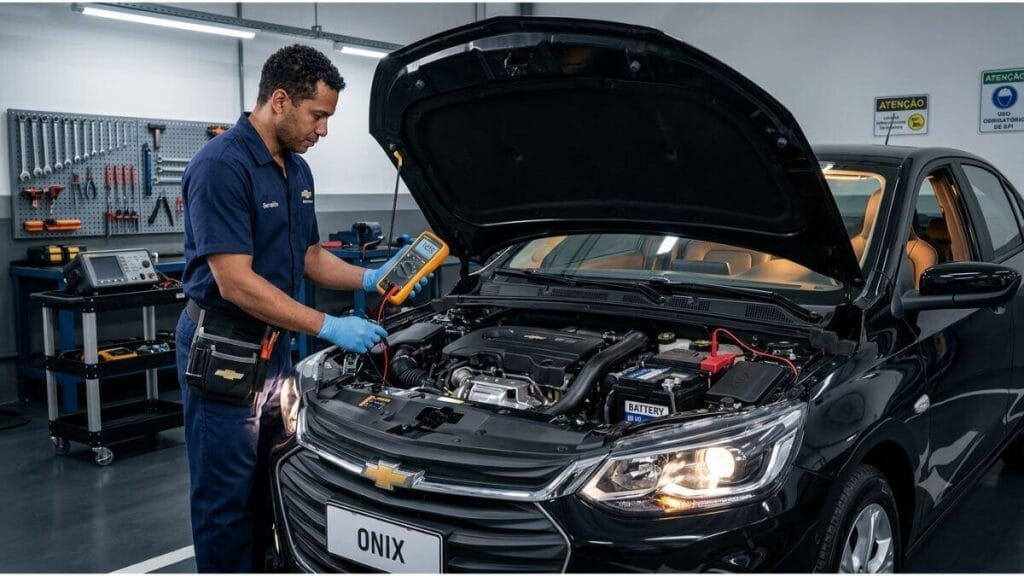 Testar Alternador do Onix com Consumidores Elétricos Ligados Mecânico testando a bateria de um Chevrolet Onix preto com o motor funcionando, faróis dianteiros acesos e luzes internas da cabine ligadas para testar a carga do alternador sob estresse.