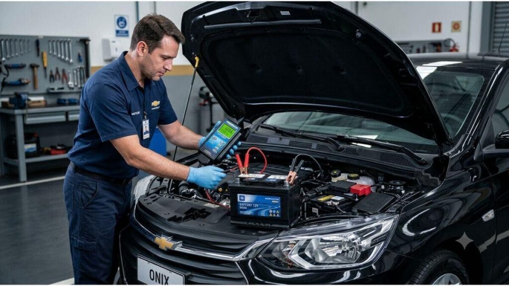 Como Medir a Tensão da Bateria do Onix Desligado Mecânico profissional com luvas e uniforme Chevrolet usando um testador de bateria digital em um Chevrolet Onix preto com o capô aberto em uma oficina, focado na bateria.