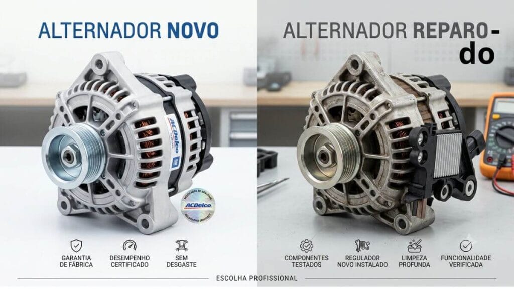 Comparativo de custo: alternador novo versus alternador reparado Comparativo lado a lado entre um alternador automotivo novo brilhante e um alternador reparado com regulador de tensão instalado em uma bancada profissional de oficina.