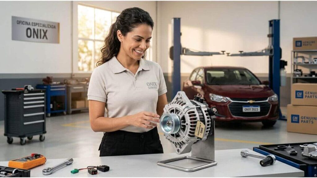 Mulher sorrindo enquanto inspeciona um alternador recondicionado de Chevrolet Onix sobre a bancada de uma oficina mecânica.