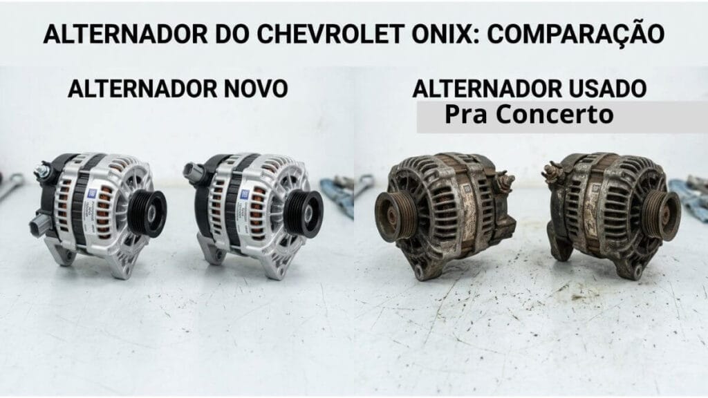 Comparação lado a lado de um alternador novo brilhante e um alternador usado com marcas de desgaste e ferrugem para Chevrolet Onix, com os textos alternador novo e alternador usado.