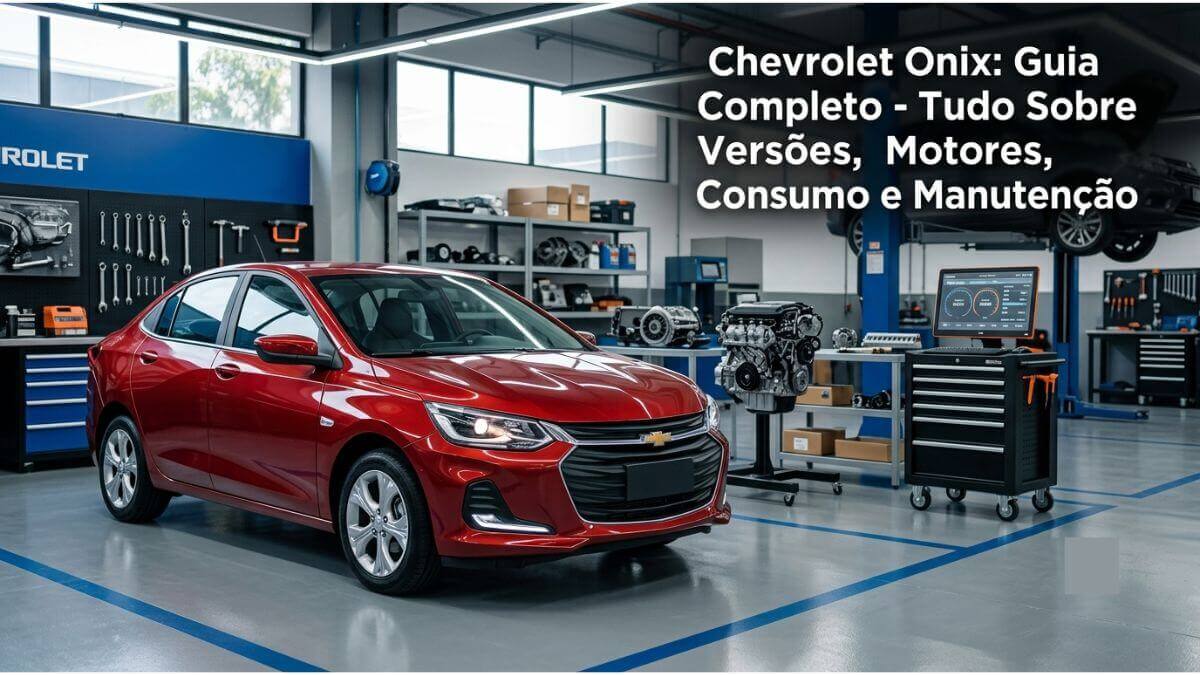 Chevrolet Onix vermelho em destaque dentro de uma oficina automotiva moderna e bem iluminada, com equipamentos de diagnóstico, ferramentas e bloco de motor ao fundo.