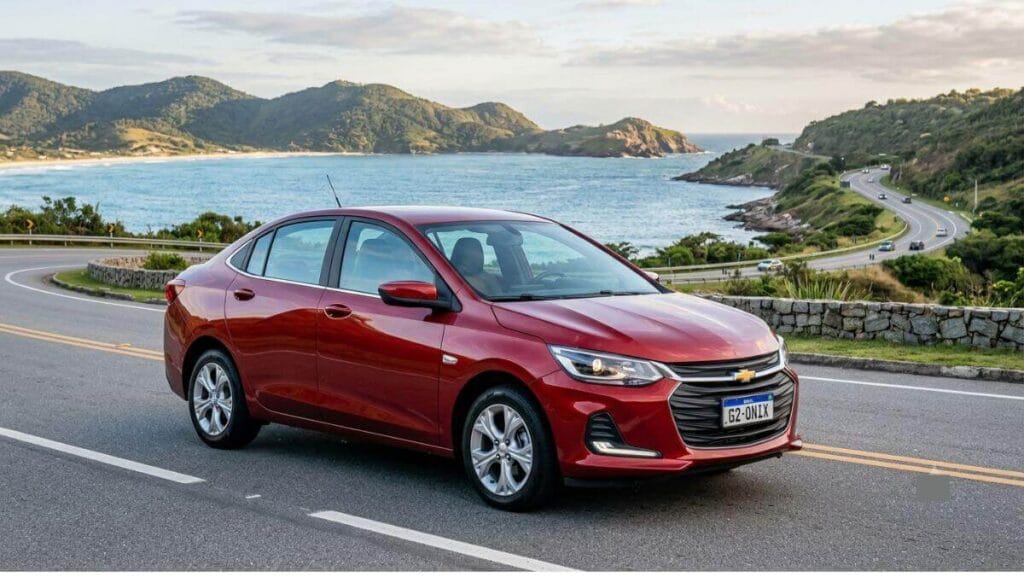 Fotografia em ângulo três quartos de um Chevrolet Onix Plus Premier de segunda geração (modelo 2020 a 2024), na cor vermelha, estacionado em uma estrada sinuosa no Brasil com uma vista panorâmica de praias, mar e montanhas ao pôr do sol.
